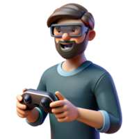 Virtual reality Man Gamer hands holding gaming console controller. joyful man in 3d glasses. png