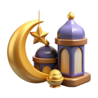 3d religie element verzameling van Islamitisch lantaarn fanoos en metaal halve maan maan. geschikt voor Ramadan of eid al adha decoratie. png