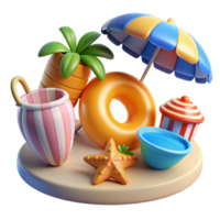 Summer 3d realistic render icon set. object with beach elements, summer holiday clip art set png