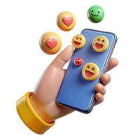 3d hand innehav telefon med emoji, minimal social media med emoji, tecknad serie minimal ikon. png