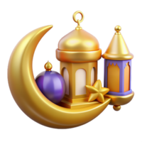 3d religião elemento coleção do islâmico lanterna fanoos e metal crescente lua. adequado para Ramadã ou eid al adha decoração. png