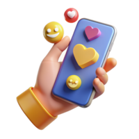 3d hand- Holding telefoon met emoji, minimaal sociaal media met emoji, tekenfilm minimaal icoon. png