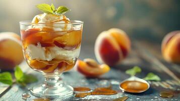 AI generated Fried peaches with honey and mascarpone in a beautiful dish. Fresh fruits in a dish. Fruit dessert in close-up with bokeh in the background, delicious food. photo