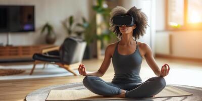 ai generado un joven de piel oscura mujer con oscuro Rizado pelo es haciendo yoga en habitación vistiendo virtual realidad lentes. moderno tecnología y sano estilo de vida. foto