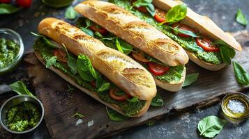 AI generated Caprese sandwiches with tomato, mozzarella cheese, nasturtium leaf pesto on a table.  Bazil leaves. photo