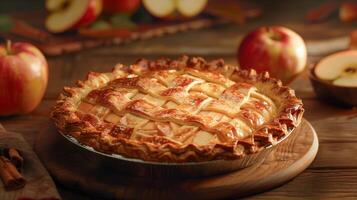 AI generated Apple pie served on a rustic wooden table. Traditional pie with filling, festive food for Thanksgiving, Halloween. Autumn harvest. Close-up, bokeh effect in the background. photo