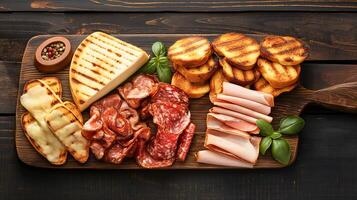 ai generado A la parrilla queso y carne aperitivos, Tomates, tostado pan, tostada, hierbas, tocino, en un de madera tablero en un oscuro madera mesa, parte superior vista. foto