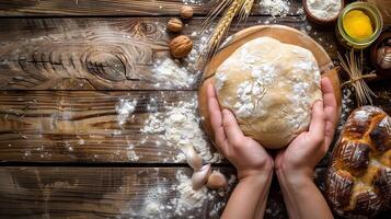 AI generated Hands holding fresh dough on a wooden surface. A person kneads dough, sculpts a form of bread on a wooden table with flour. Pastries, bread making, home baking process. Top view photo