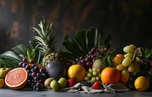 AI generated Fruits and berries laid out on the table. Apples, grapes, citrus fruits. Summer fruits. Food, an appetizing photorealistic image on a dark background. photo