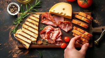 AI generated Grilled cheese and meat snacks, tomatoes, toasted bread, toast, herbs, bacon, on a wooden board on a dark wood table, top view. photo