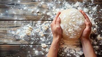 AI generated Hands holding fresh dough on a wooden surface. A person kneads dough, sculpts a form of bread on a wooden table with flour. Pastries, bread making, home baking process. Top view photo