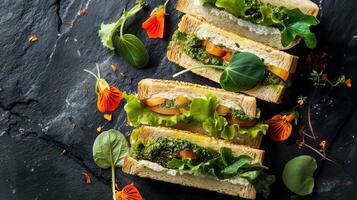 AI generated Caprese sandwiches with tomato, mozzarella cheese, nasturtium leaf pesto on a table.  Nasturtium flowers photo