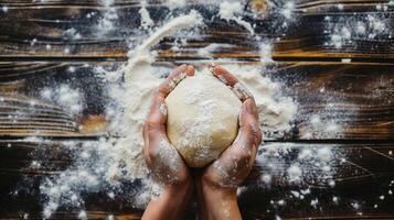 AI generated Hands holding fresh dough on a wooden surface. A person kneads dough, sculpts a form of bread on a wooden table with flour. Pastries, bread making, home baking process. Top view photo