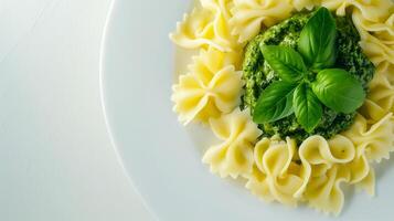 AI generated Italian pasta with nasturtium leaf pesto. Italian cuisine, food on a plate, pesto, pasta, top view, a place to copy. photo