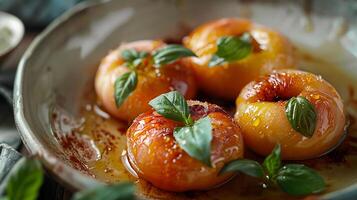 AI generated Fried peaches with honey and mascarpone in a beautiful dish. Fresh fruits in a dish. Fruit dessert in close-up with bokeh in the background, delicious food. photo