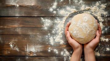 AI generated Hands holding fresh dough on a wooden surface. A person kneads dough, sculpts a form of bread on a wooden table with flour. Pastries, bread making, home baking process. Top view photo