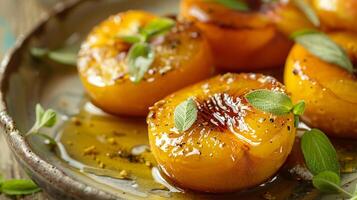 AI generated Fried peaches with honey and mascarpone in a beautiful dish. Fresh fruits in a dish. Fruit dessert in close-up with bokeh in the background, delicious food. photo