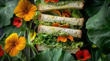 AI generated Caprese sandwiches with tomato, mozzarella cheese, nasturtium leaf pesto on a table.  Nasturtium flowers photo