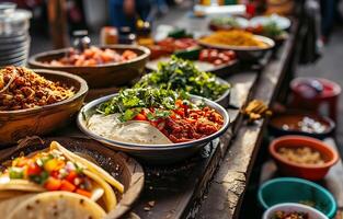 A tray with Mexican street food on Mexico Street. National cuisine, close-up, bokeh in the background. photo