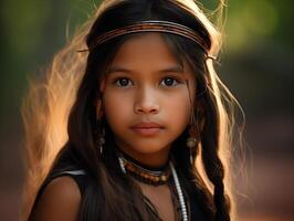 ai generado un hermosa niña desde entre el indígena personas de el guaraní étnico grupo. de cerca retrato, lado ver en el antecedentes. foto