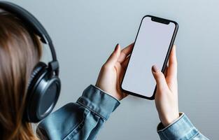 AI generated A young dark-haired woman listening to music with headphones is holding a smartphone with an empty screen. A mockup, a phone, a smartphone. Close-up portrait, bokeh effect photo