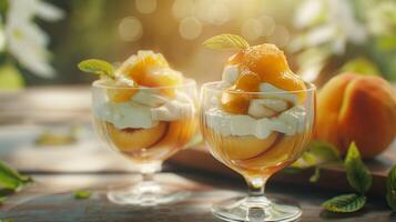 AI generated Fried peaches with honey and mascarpone in a beautiful dish. Fresh fruits in a dish. Fruit dessert in close-up with bokeh in the background, delicious food. photo