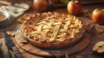 ai generado manzana tarta servido en un rústico de madera mesa. tradicional tarta con relleno, festivo comida para acción de gracias, Víspera de Todos los Santos. otoño cosecha. de cerca, bokeh efecto en el antecedentes. foto