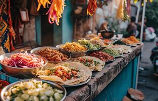 A tray with Mexican street food on Mexico Street. National cuisine, close-up, bokeh in the background. photo