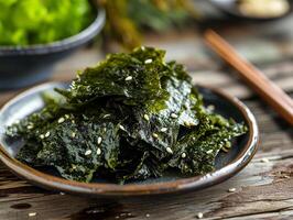 AI generated Delicious seaweed salad on a plate. Traditional cuisine, Japanese cuisine. Photorealistic background with bokeh effect. photo