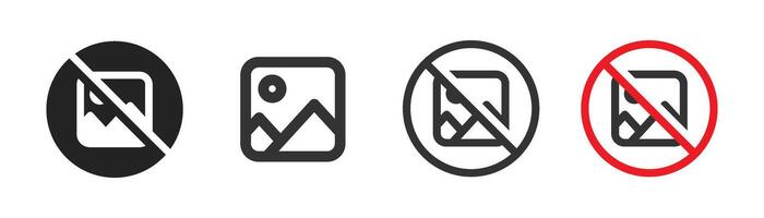 No image available icon set. Image ban symbol. Default picture in red circle, missing photo. Flat and colored style icon for web design. Vector illustration.