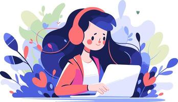 AI generated Woman wearing headphones peacefully working on laptop, simple trendy flat vector illustration.