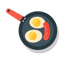 Top view of two fried eggs and sausage on pan. Breakfast symbol. Home cooking vector illustration in retro trendy colors.