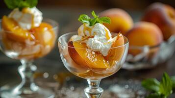 AI generated Fried peaches with honey and mascarpone in a beautiful dish. Fresh fruits in a dish. Fruit dessert in close-up with bokeh in the background, delicious food. photo