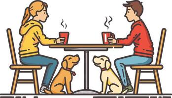 Boy and girl drinking hot drinks sitting at the table, with their dogs. Pet-friendly place for animal lovers, welcome to cafe, hotel, restaurant. Emotional support dog. Flat vector illustration.