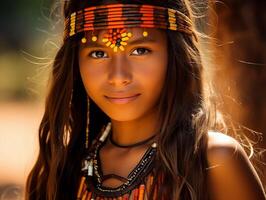 AI generated A beautiful girl from among the indigenous people of the Guarani ethnic group. Close-up portrait, side view in the background. photo