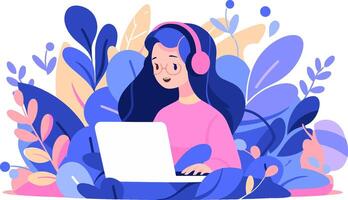 ai generado mujer vistiendo rosado auriculares pacíficamente trabajando en computadora portátil, Lanza libre laboral, distancia educación. sencillo de moda plano vector ilustración.