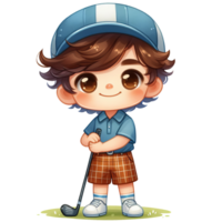 AI generated Cartoon golf boy character with a golf stick, perfect for golf tournament posters, sports blog illustrations, childrens activity books, and social media. png