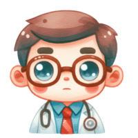 AI generated Watercolor cartoon doctor with stethoscope and glasses, perfect for medical themed designs, healthcare illustrations, and educational materials for children health. png