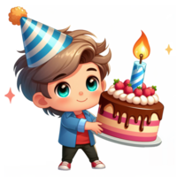 AI generated Cartoon boy with birthday cake and candle suitable for greeting cards, invitations, party decorations, and birthday themed designs and materials. png