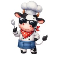 ai gegenereerd tekenfilm mascotte van een koe met chef hoed en zonnebril, perfect voor voedsel themed ontwerpen, restaurant menu's, en speels keuken decor artikelen. png