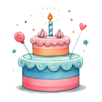 AI generated watercolor cake hand-drawn painting, perfect for birthday party invitations, childrens event posters, and social media posts. png