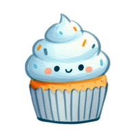 ai généré mignonne petit gâteau avec une visage griffonnage idéal pour anniversaire cartes, fête faire-part, boulangerie logos, et social médias des postes. png