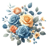 ai gerado rosas ramalhete com vibrante azul e laranja cor, perfeito para casamentos, aniversários, e aniversários. uma colorida e elegante floral arranjo. png