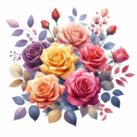 ai généré Rose fleurs bouquet, vibrant feuilles, et Frais baies adapté pour printemps et été conceptions, salutation cartes, et invitations. png