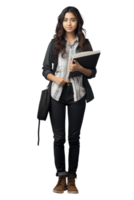 AI generated Portrait of young woman college student happy smiling standing holding a book and carrying a school bag png