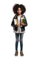ai genererad porträtt av liten flicka studerande Lycklig leende stående innehav en bok och bärande en skola väska png