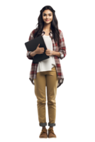 AI generated Portrait of young woman college student happy smiling standing holding a book and carrying a school bag png