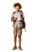 ai generado retrato de pequeño chico estudiante contento sonriente en pie participación un libro y que lleva un colegio bolso png