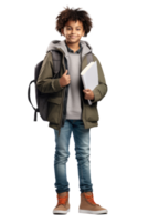 ai gerado retrato do pequeno Garoto aluna feliz sorridente em pé segurando uma livro e carregando uma escola saco png
