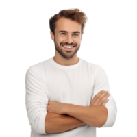 ai généré portrait de Beau souriant Jeune homme avec plié bras isolé png